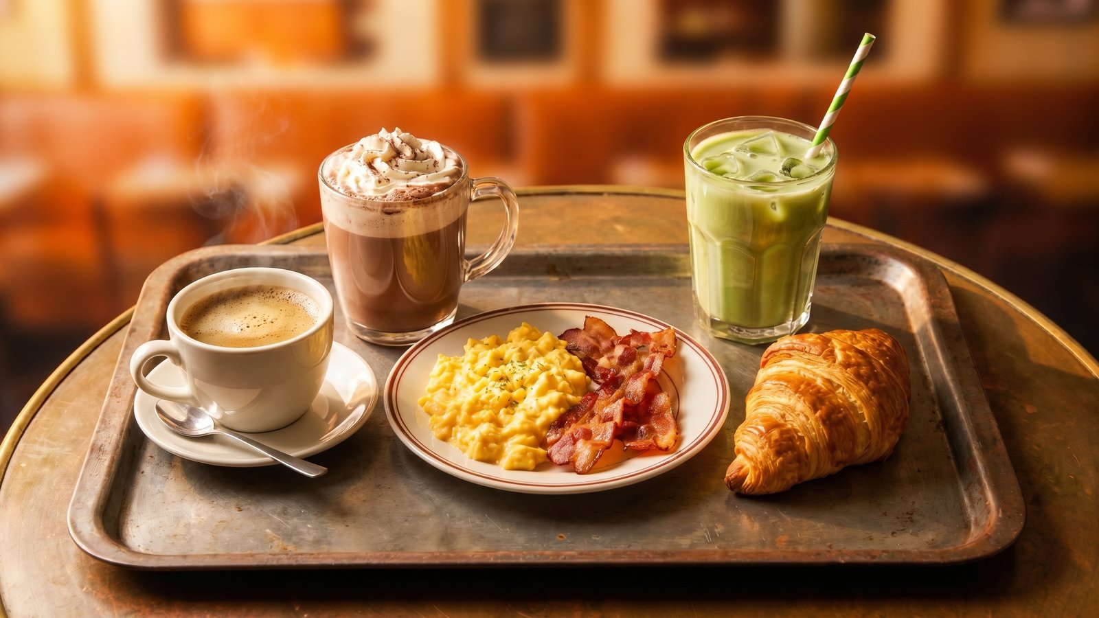 Plateau matinal sur tournage — café, chocolat chaud, œufs brouillés au bacon, croissant doré, matcha glacé
