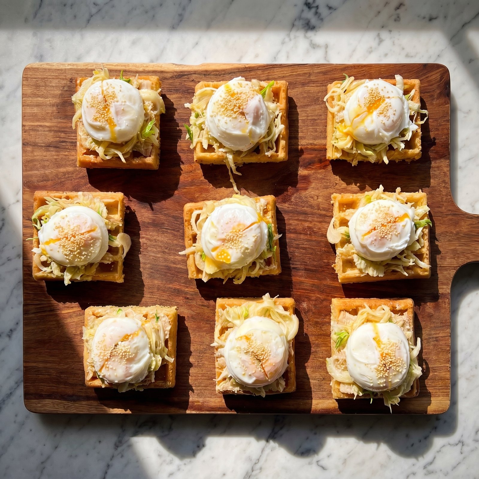 Gaufres salées à l'œuf poché et chou râpé