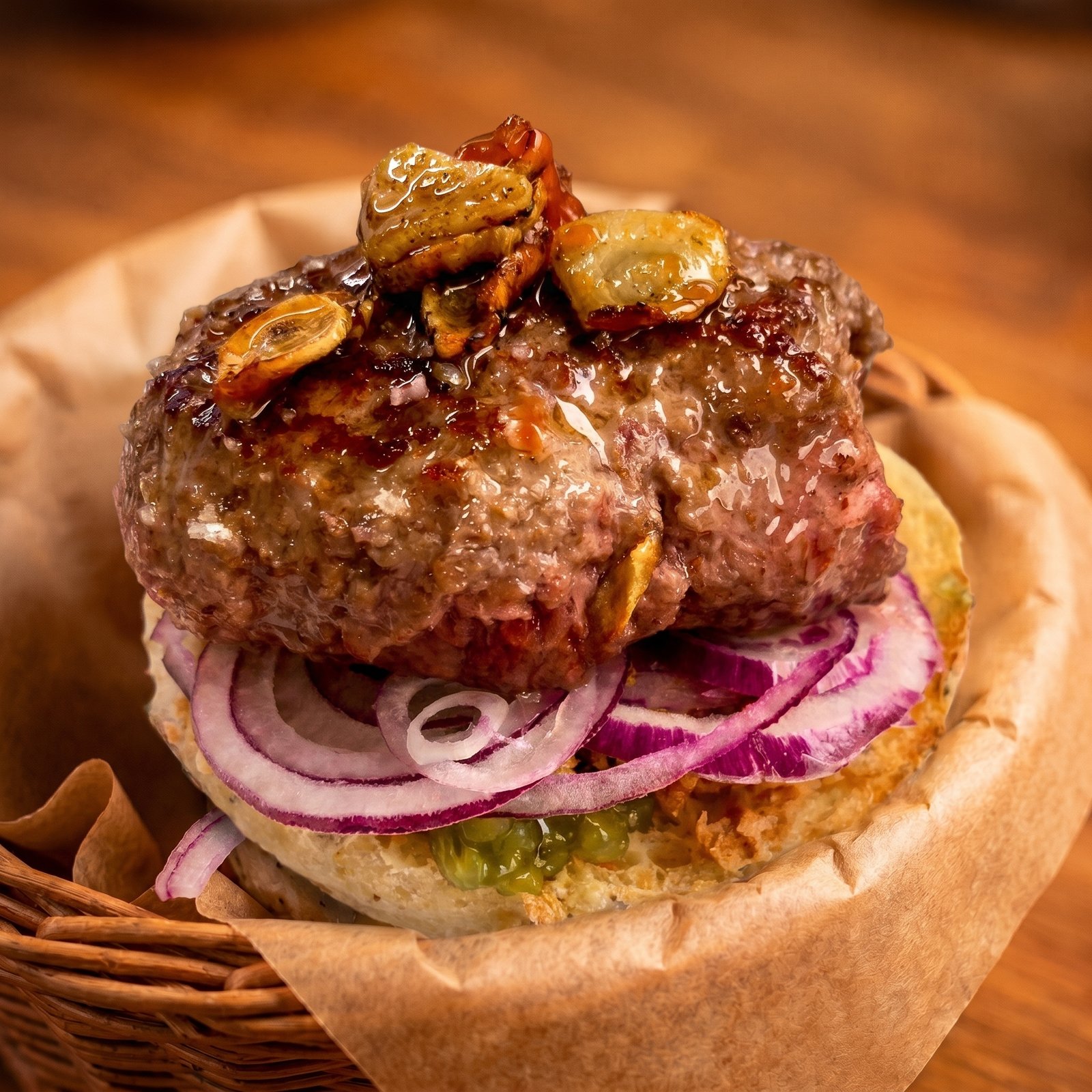 Burger gourmet, oignon rouge et caramel