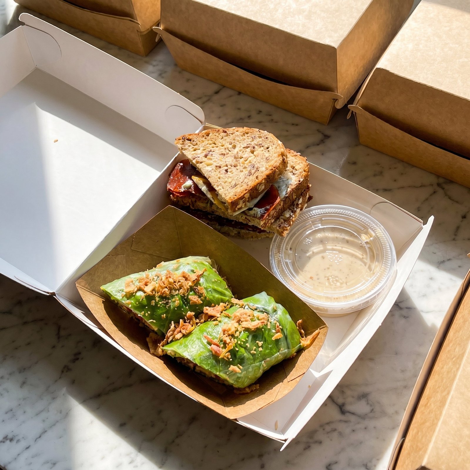 Lunch box ouverte avec sandwich club et chou wrap